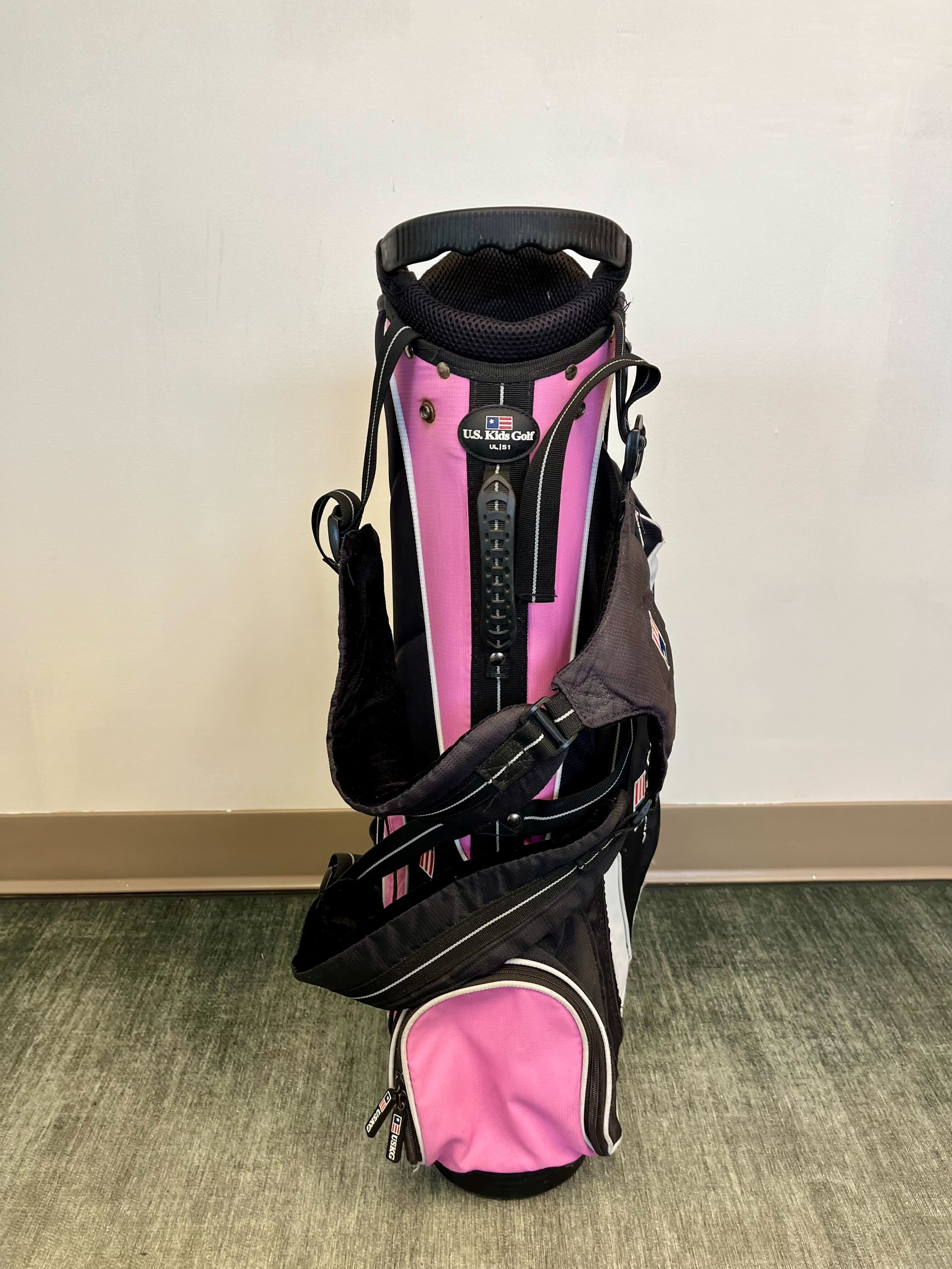 US Kids Golf Stand Golf Bag Black/Pink 4 Dividers 4 Pockets-Next Round