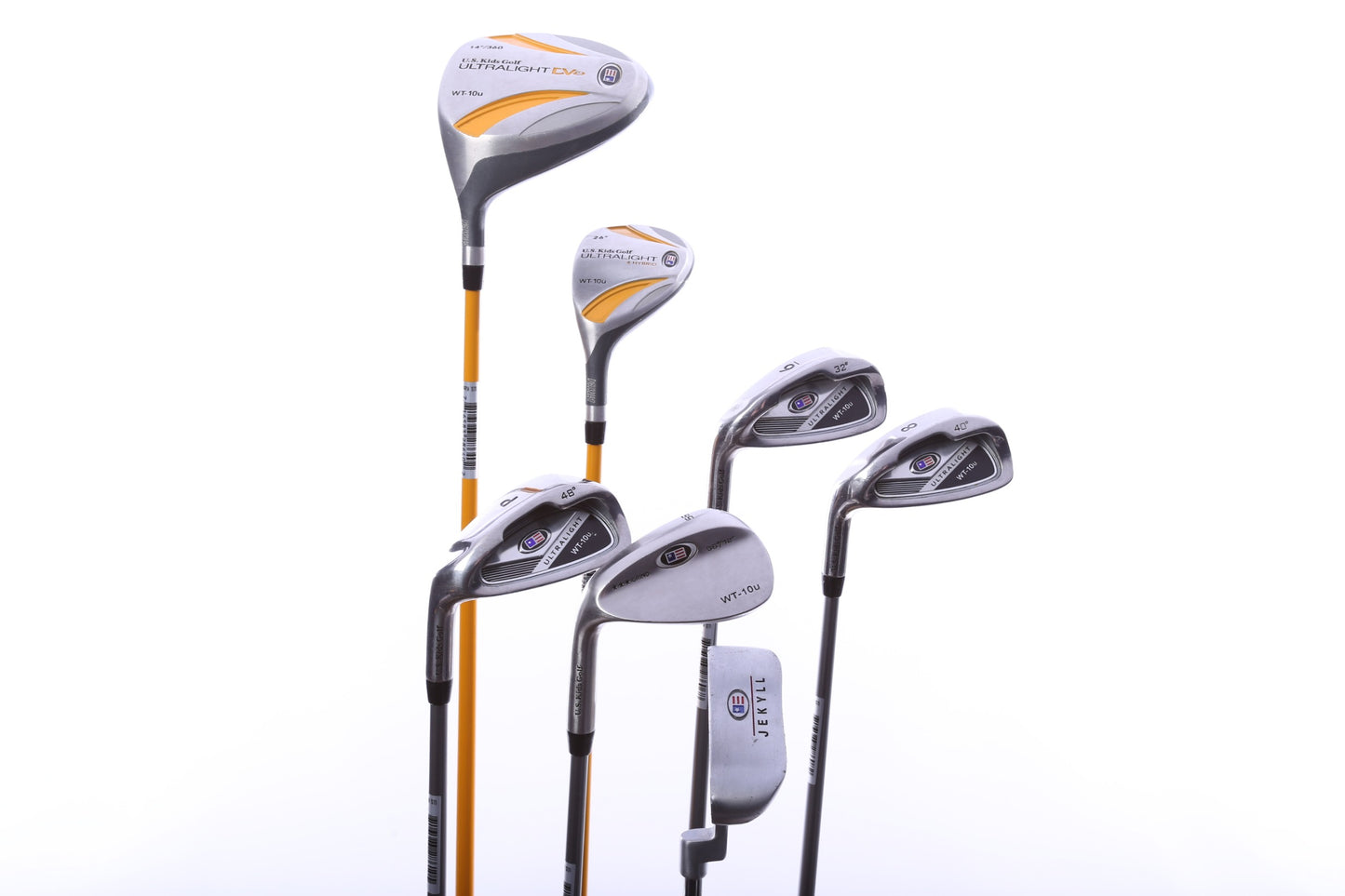 Used Us Kids Golf U/L 63 Grey/Gold Kids Set - Left-Handed - 1W, HY, 6, 8, PW, SW(56*) - Youth Flex-Next Round