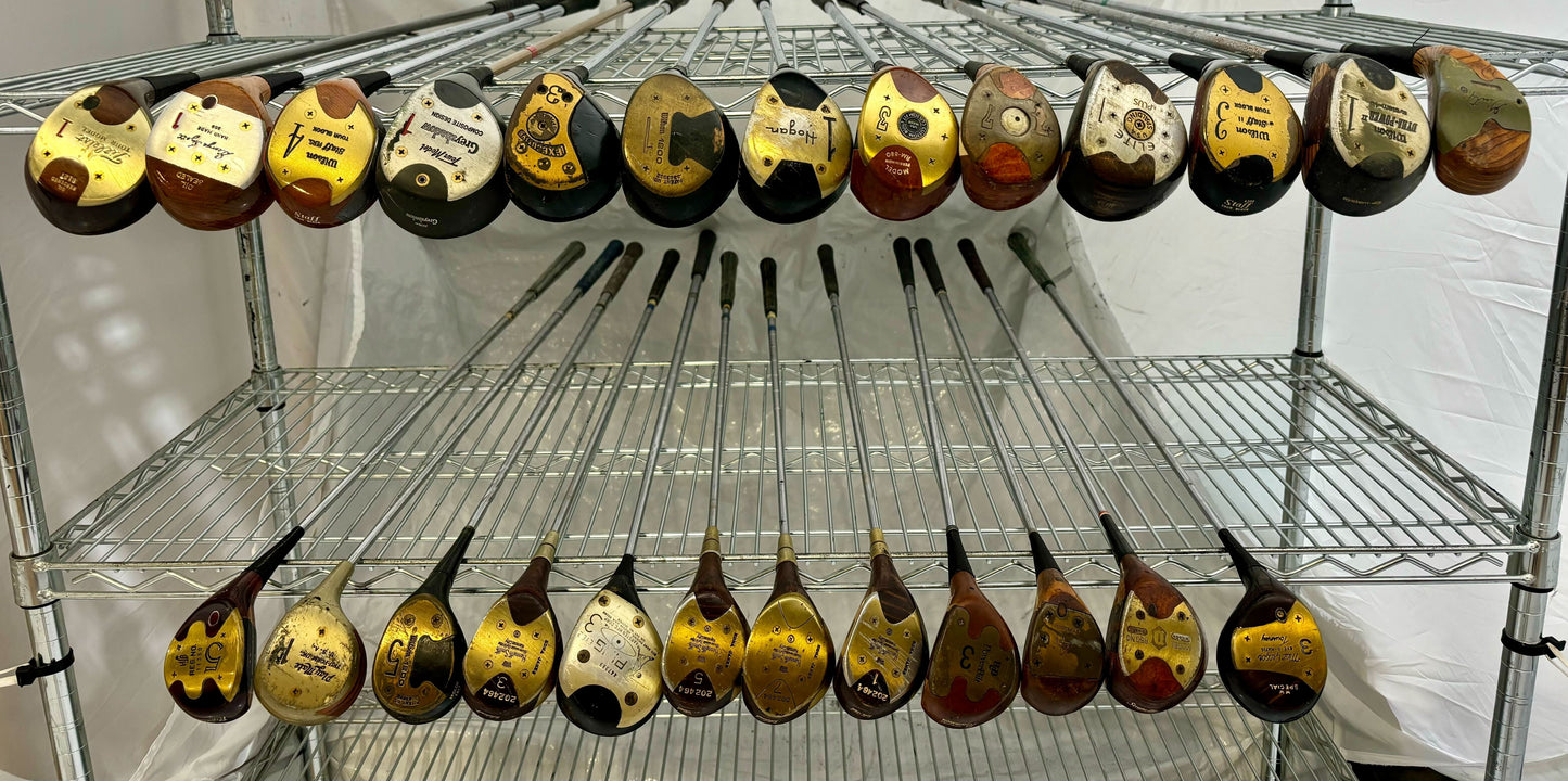 Wholesale Lot of 25 Golf Clubs - Assorted Persimmon Fairway Woods and Drivers-Next Round
