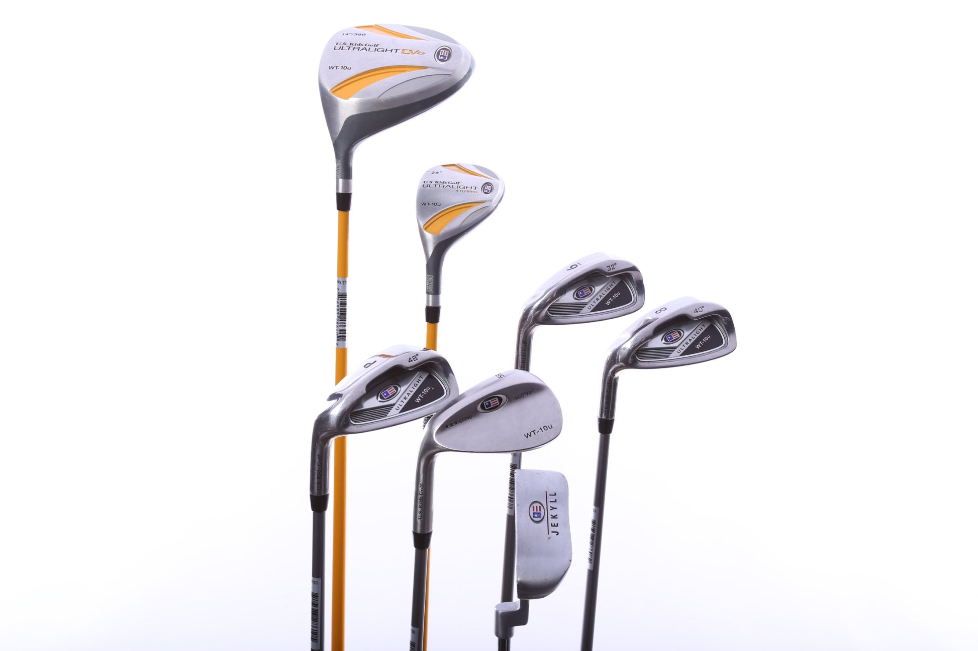 Used Us Kids Golf U/L 63 Grey/Gold Kids Set - Left-Handed - 1W, HY, 6, 8, PW, SW(56*) - Youth Flex-Next Round